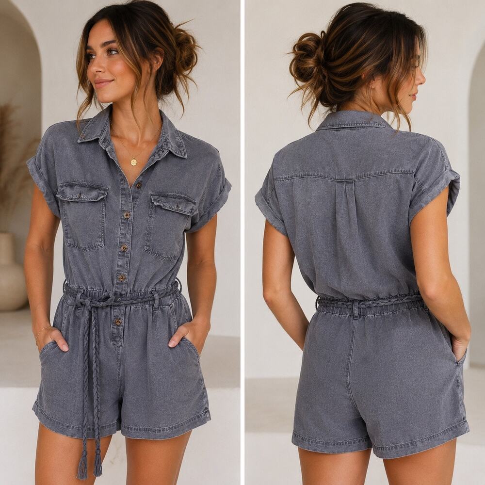Nicole Miller NY Linen Lyocell Utility Romper Belted Chambray Blue Sz S Coastal